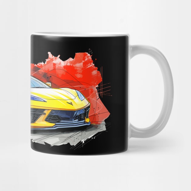 Accelerate Yellow C8 Corvette Tech Drawing Style Red Background Supercar Sportscar Racecar Muscle Car Corvette C8 by Tees 4 Thee